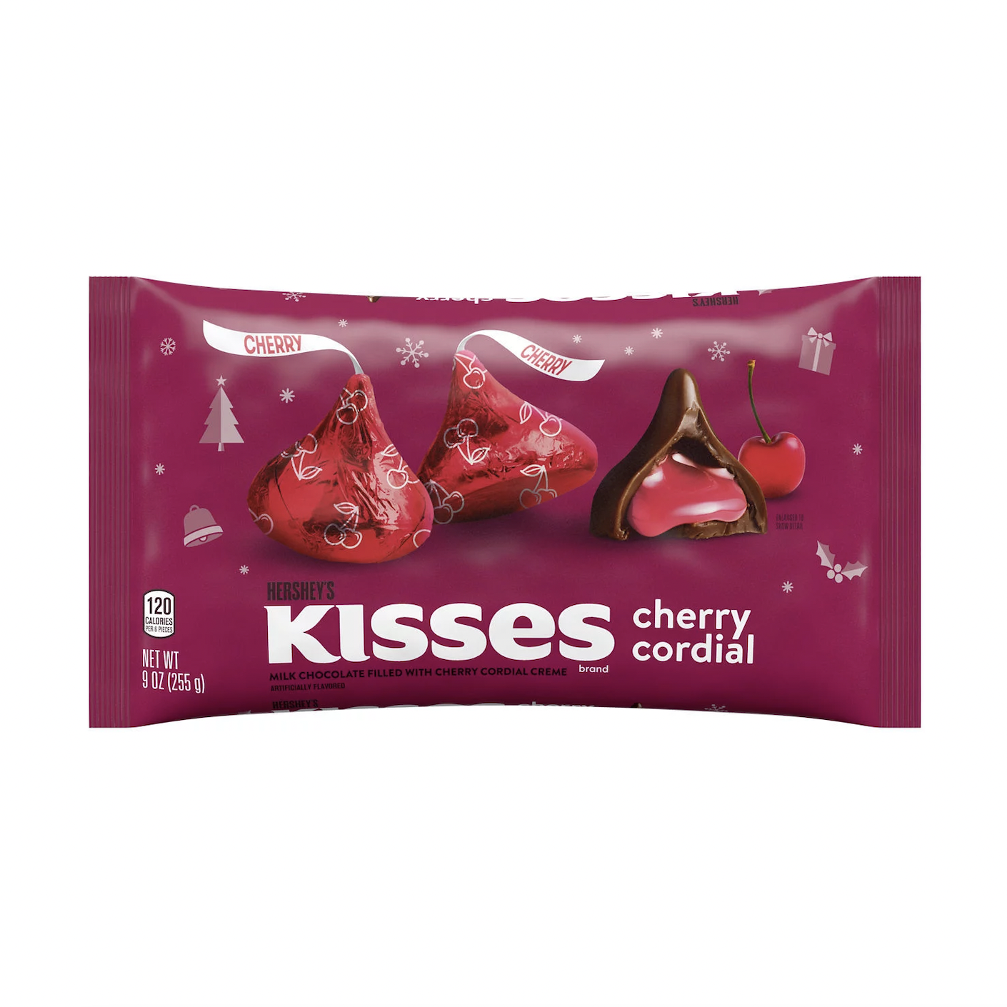 TÚI 255g SOCOLA SỮA - KEM CHERRY Hershey Kisses Milk Chocolate Filled with Cherry Cordial Creme Candy, Christmas (9 oz