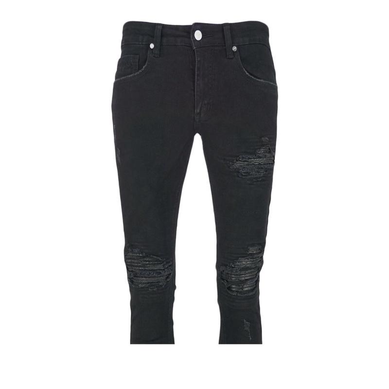 Quần Jean Nam The Luyn Black Màu Đen Rách Lỗ Lớn Gắn Da Bike Chất Cotton Co Giãn Không Phai Màu