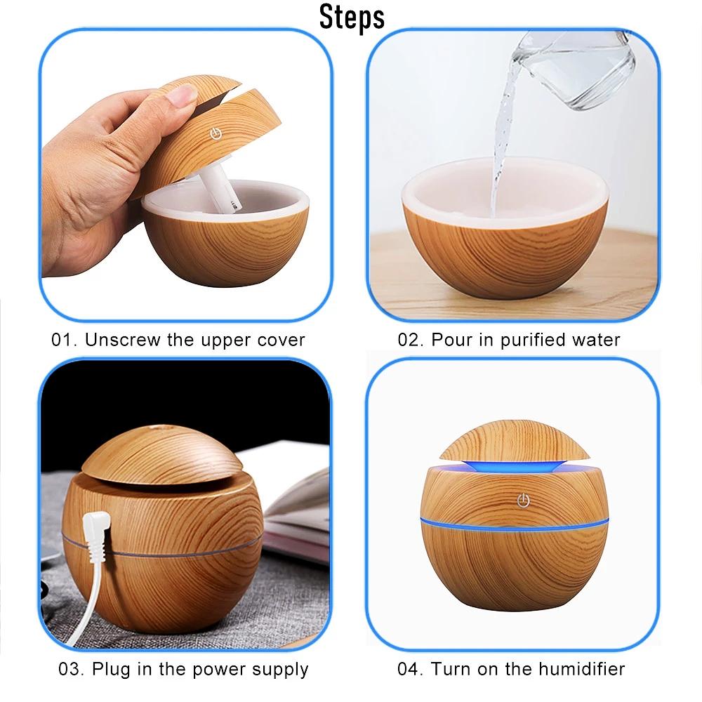 130ML USB Máy Tạo Độ Ẩm Không Khí Điện Máy Khuếch Tán Tinh Dầu Phun Sương Vân Gỗ Xông Tinh Dầu Mini Có 7 Đèn LED Dành Cho Xe Hơi văn Phòng Nhà