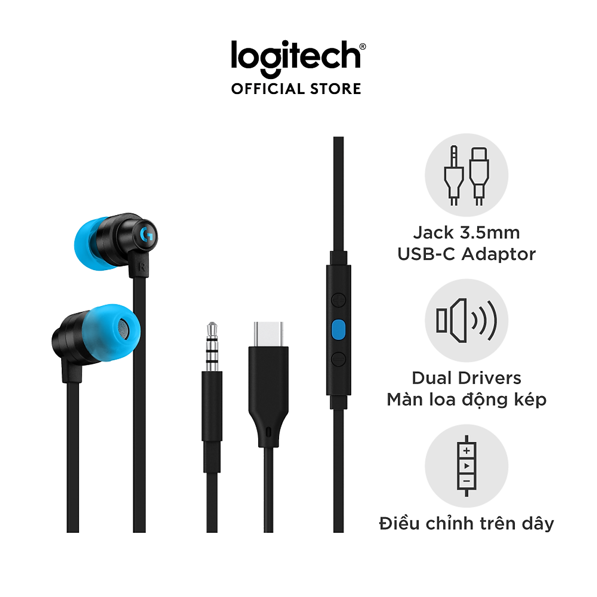 Tai nghe game in-ear Logitech G333 - màn loa động kép Dual Driver, độ bền cao, 3.5mm Aux, Mic và điều khiển trên dây -Hàng Chính Hãng