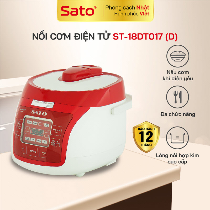 Nồi cơm điện tử SATO ST-18DT017 1.8L dùng cho 4 đến 6 người lớn, nồi cơm thông minh đa chức năng, nấu cơm, nấu cháo, hầm, làm bánh, nấu cơm khi điện yếu - Miễn phí vận chuyển toàn quốc - Hàng chính hãng