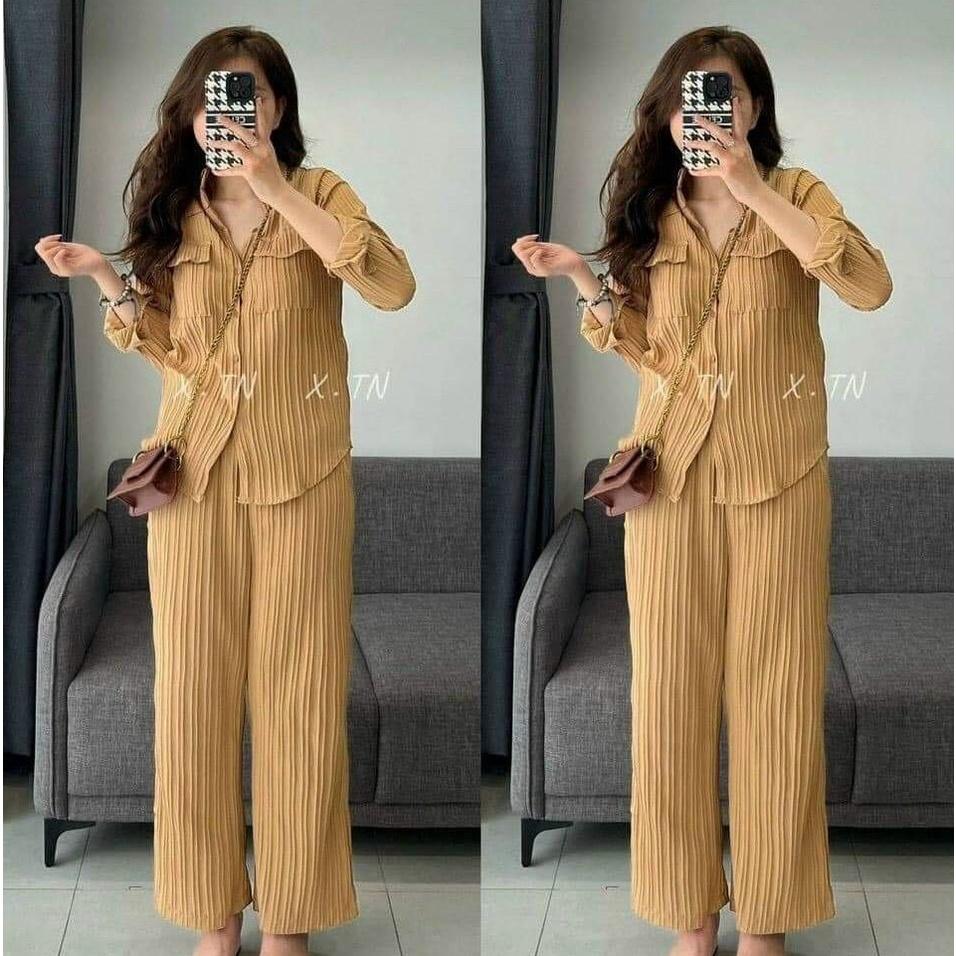 FREESHIP Sét bộ nữ sơ mi tay dài phối túi mix quần dài suông kiểu dáng sang trọng duyên dáng