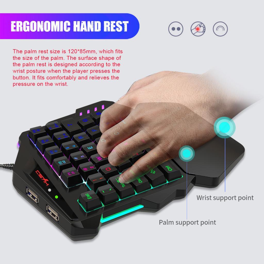 One Handed Keyboard, Wired 35 Keys LED Backlit Gaming Keyboard, Ergonomic Mini Single Handed Keypad with Wrist Rest, Built-in Keyboard Mouse Adapter