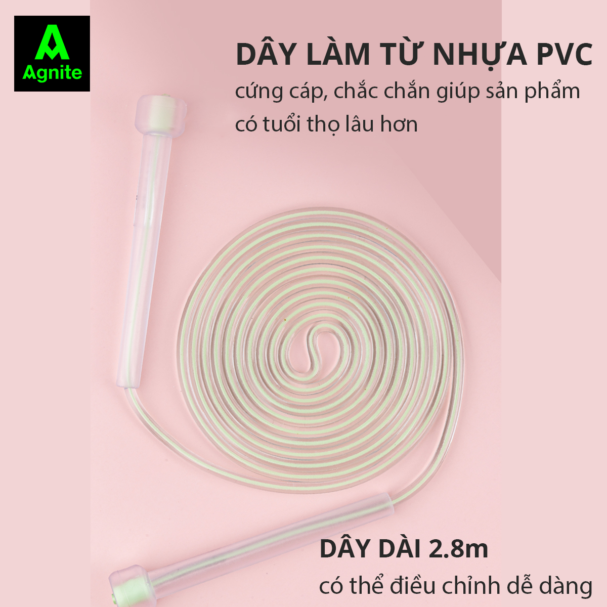 Dây nhảy tập thể dục Trong suốt Agnite chính hãng - Lõi nhựa PVC cao cấp - Dài 2.8m - Màu Hồng/Xanh dương/Xanh lá - F4122