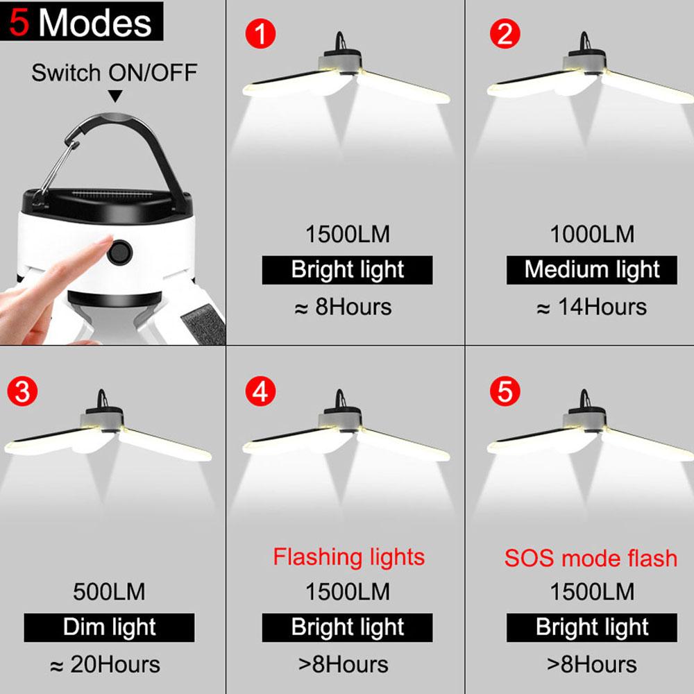 Đèn cắm trại Đèn năng lượng mặt trời di động ngoài trời 60 LED Đèn pin có thể sạc lại USB