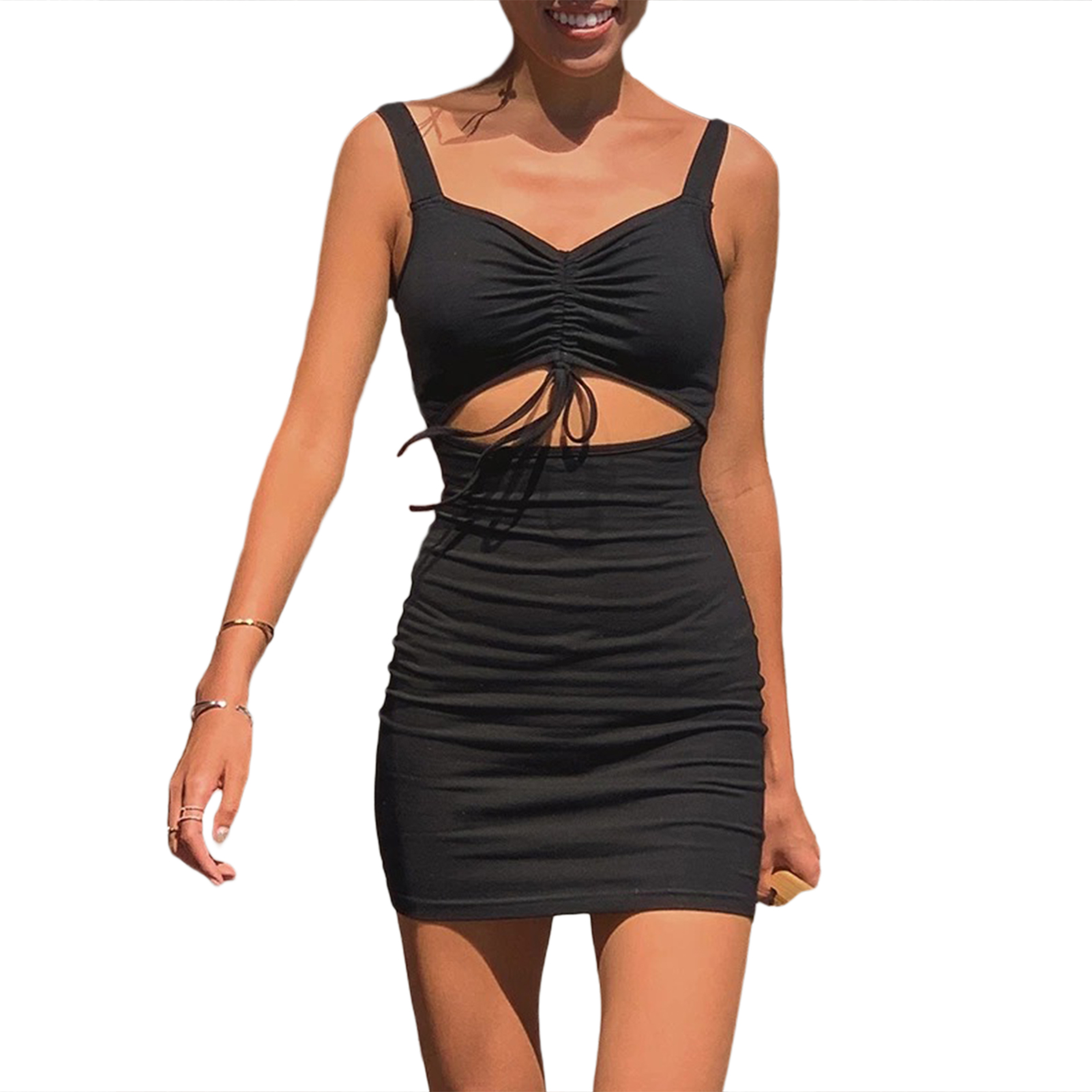 Women Sleeveless Bodycon Dress V Neck Hollow Out High Waist Drawstring Club Party Dress Black