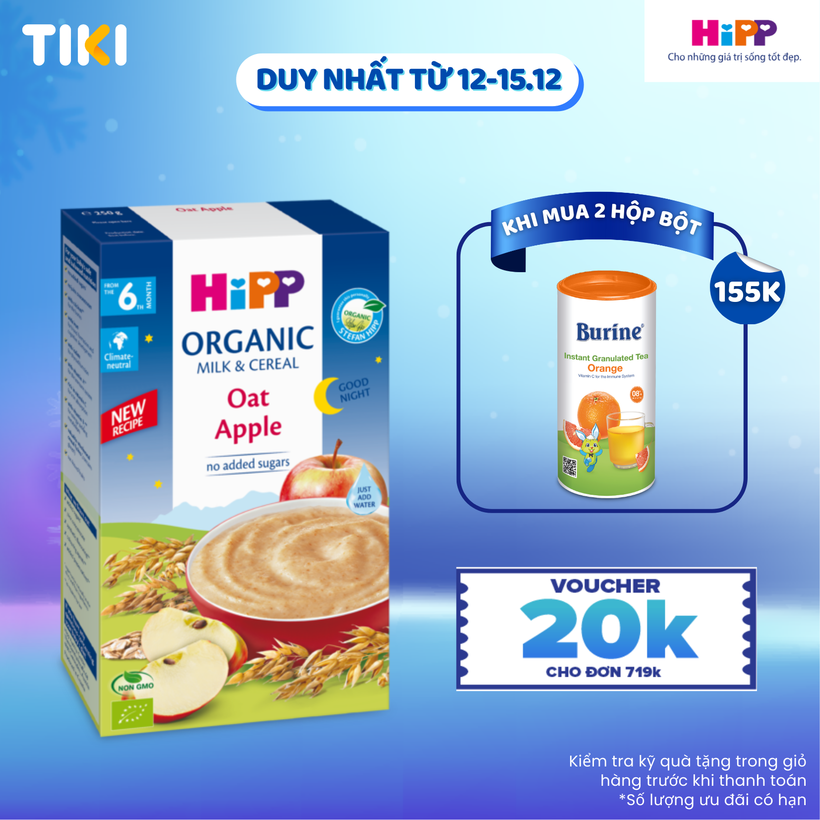 Bột ăn dặm dinh dưỡng Sữa, Chúc ngủ ngon Yến mạch, Táo tây HiPP Organic 250g