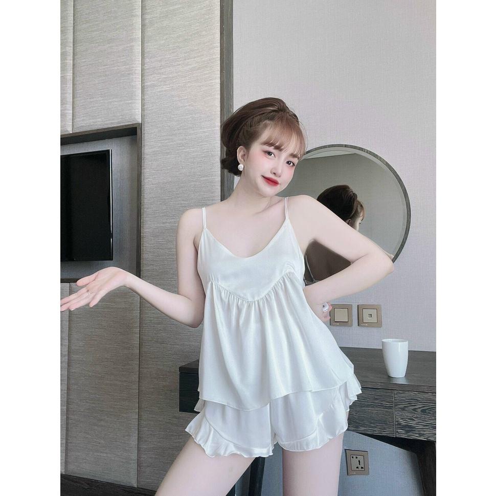 Đồ Ngủ Sexy Mặc Nhà, Bộ Lụa Latin Cao Cấp Hai dây, Nhún Ngực
