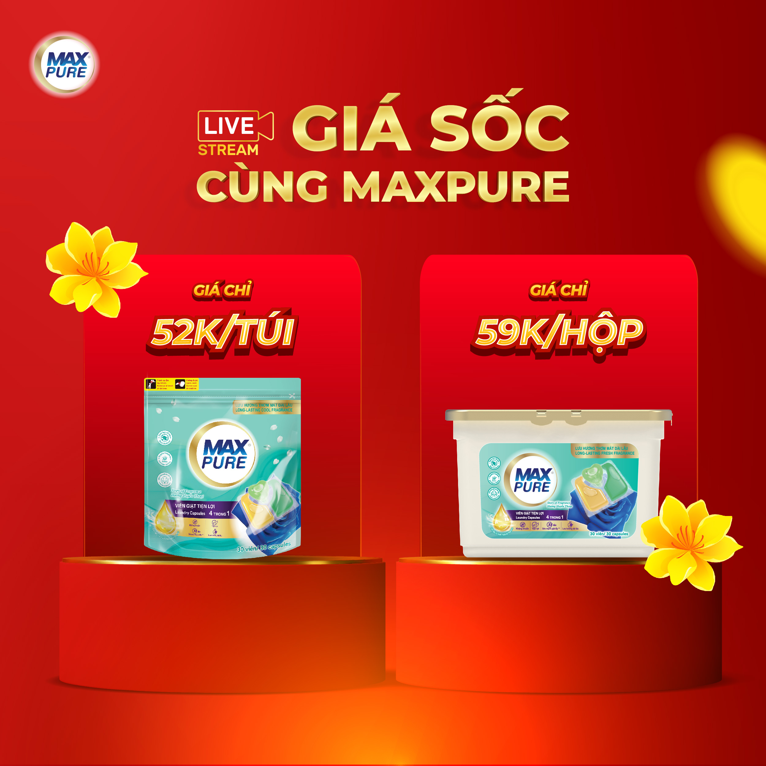 Combo (Túi|Hộp) Viên Giặt Tiện Lợi Max Pure 4in1 - Công Nghệ Carezyme (tặng 1 vỉ viên treo bồn cầu)