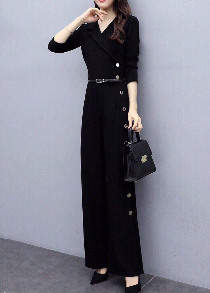 JUMPSUIT CỔ VEST ĐÍNH NÚT BÊN HÔNG KÈM BELT SANG TRỌNG - SD932
