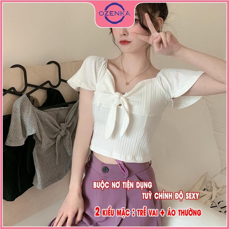 Hình ảnh Áo croptop ngắn tay cánh tiên nữ, áo thun ôm trễ vai gợi cảm nữ tính thun gân 100% cotton đen trắng dưới 50kg