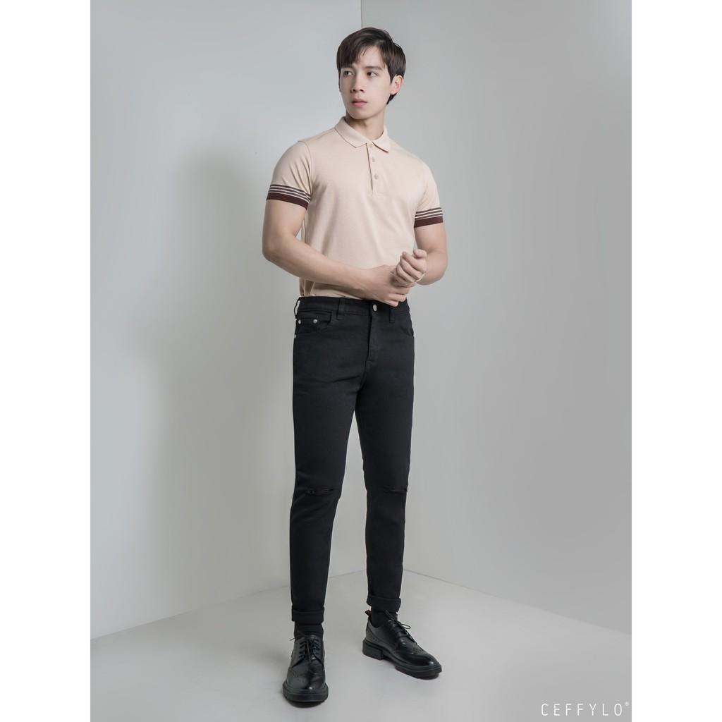 Quần Jeans rách gối Đen nam form slimfit CEFFYLO , chất Jean thun co giãn nhẹ