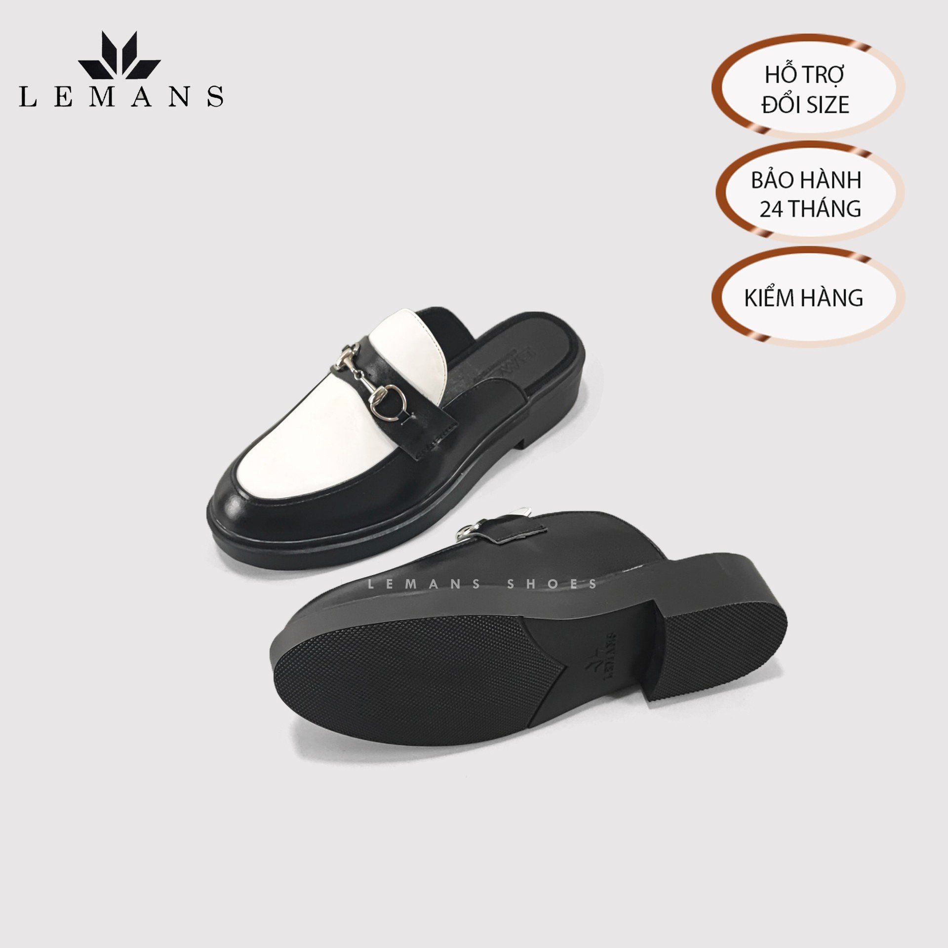 Giày Sục LEMANS Mules Loafer - Black White. Da bò nguyên tấm nhập khẩu. Đế khuôn độc quyền tăng cao 4cm. Bảo hành 24 tháng