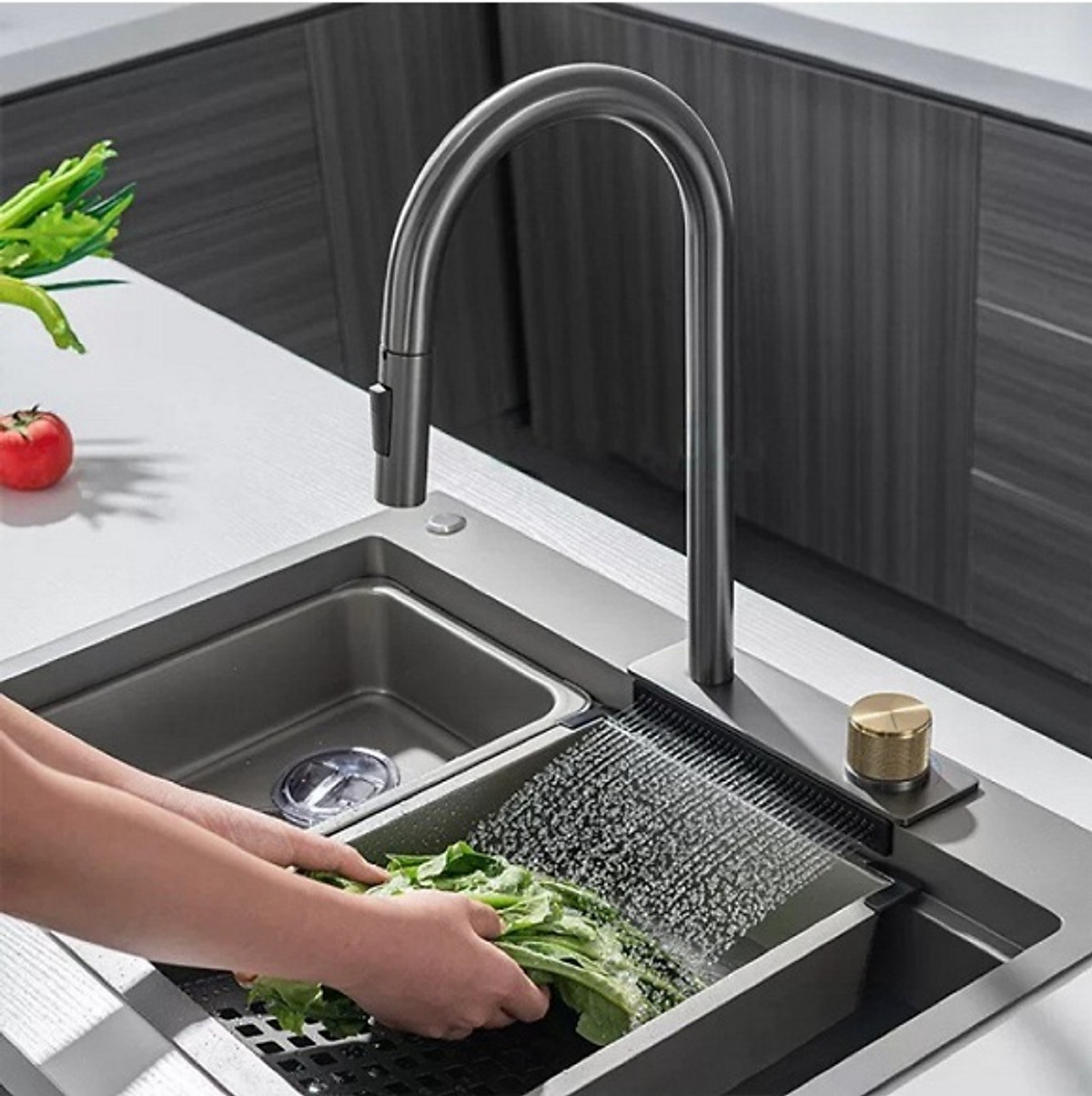 Chậu rửa bát thác nước 1 hố kèm vòi đa chế độ dòng chảy nước kèm bộ phụ kiện inox 304 cao cấp