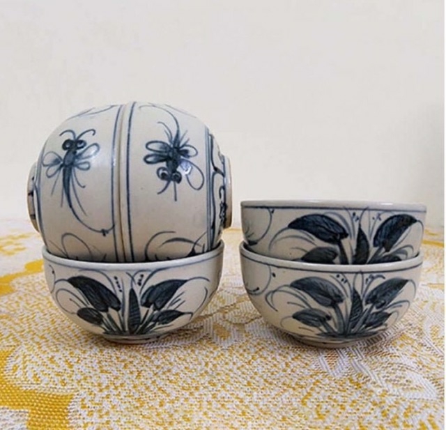 Bộ chén dĩa men rạn vẽ chuồn khoai gốm Gia Hưng Bát Tràng