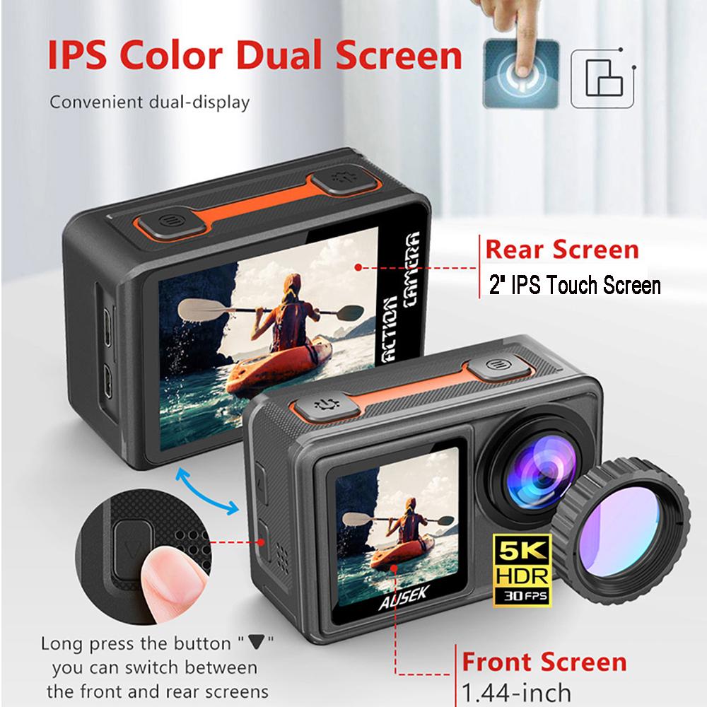 Camera hành động Bộ lọc có thể tháo rời 6 ống kính 5K 30fps 4K 60fps 48MP Màn hình kép 2 "IPS EIS Video Chụp GO Waterproof Sports Cam Pro