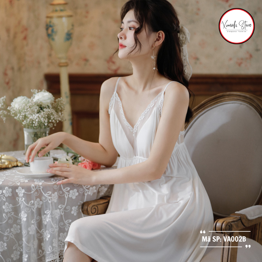 Váy ngủ nữ 2 dây phối voan ngực chất cotton cao cấp màu trắng dáng ngắn Xumaki Store VA002B