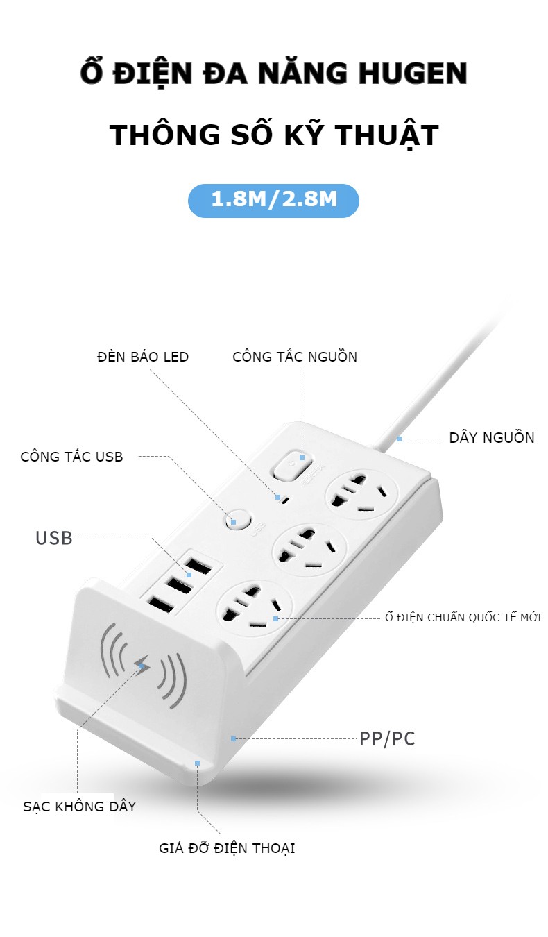 Ổ cắm điện đa năng hỗ trợ sạc không dây 3 cổng USB 3 ổ điện đa chuẩn phích cắm 2 công tắc chịu tải 2500W dây nối dài 1.8m/2.8m