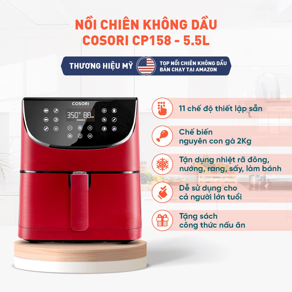 Nồi chiên không dầu điện tử Cosori CP158 - AF (5,5 Lít) màu đỏ - Hàng chính hãng