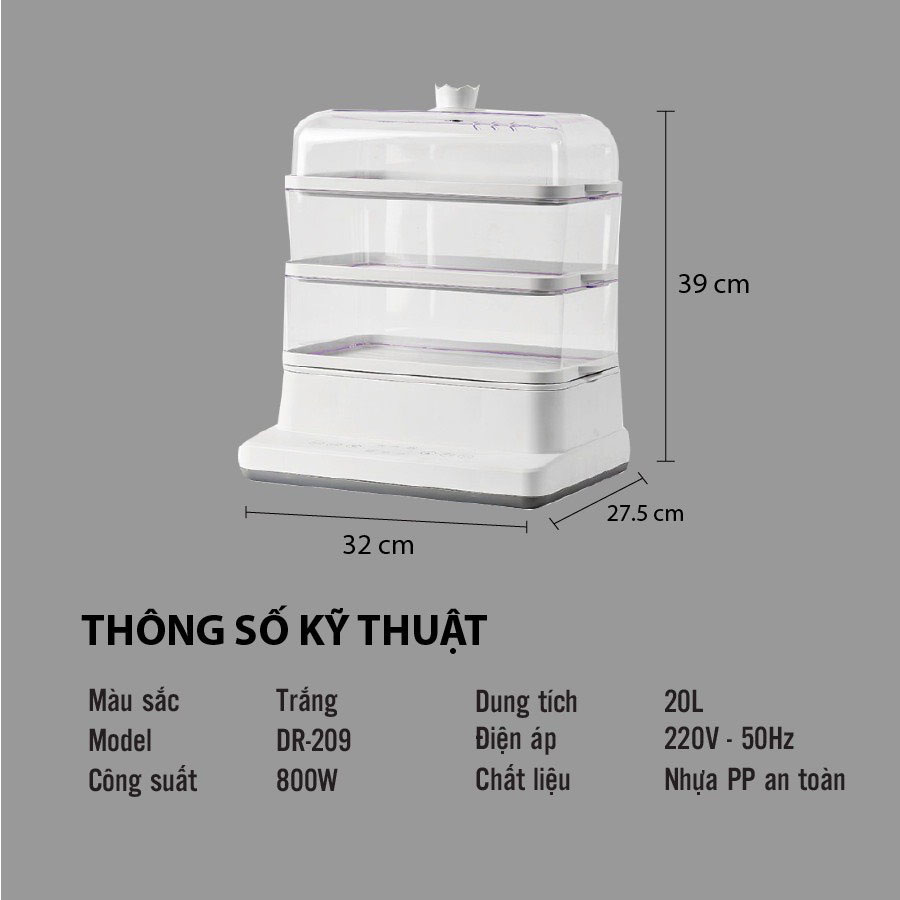 Nồi hấp thực phẩm đa năng 20L-Đảm bảo dinh dưỡng- Độ bền cao- Thiết kế sang trọng 3 tầng hấp- DR 209