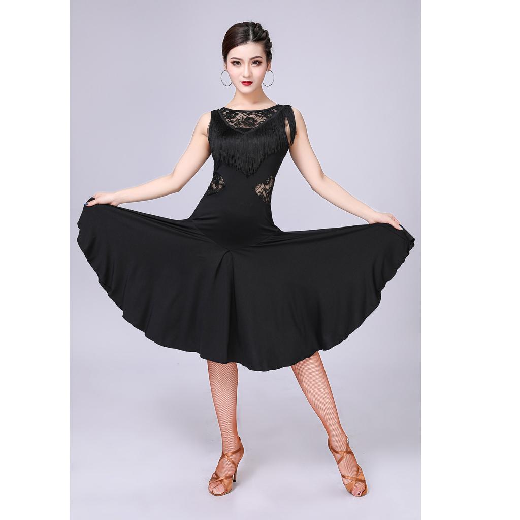 Latin Prom Dress Pleated High Waist Sleeveless Round Neck With Tassels Dancewear For Women