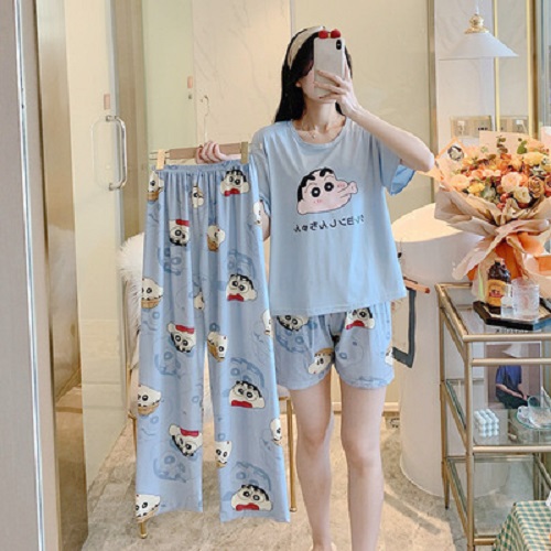 Bộ đồ bận nhà hoạt hình thun cotton mát siêu đáng yêu gồm 1 áo 1 quần ngắn 1 quần dài BK10