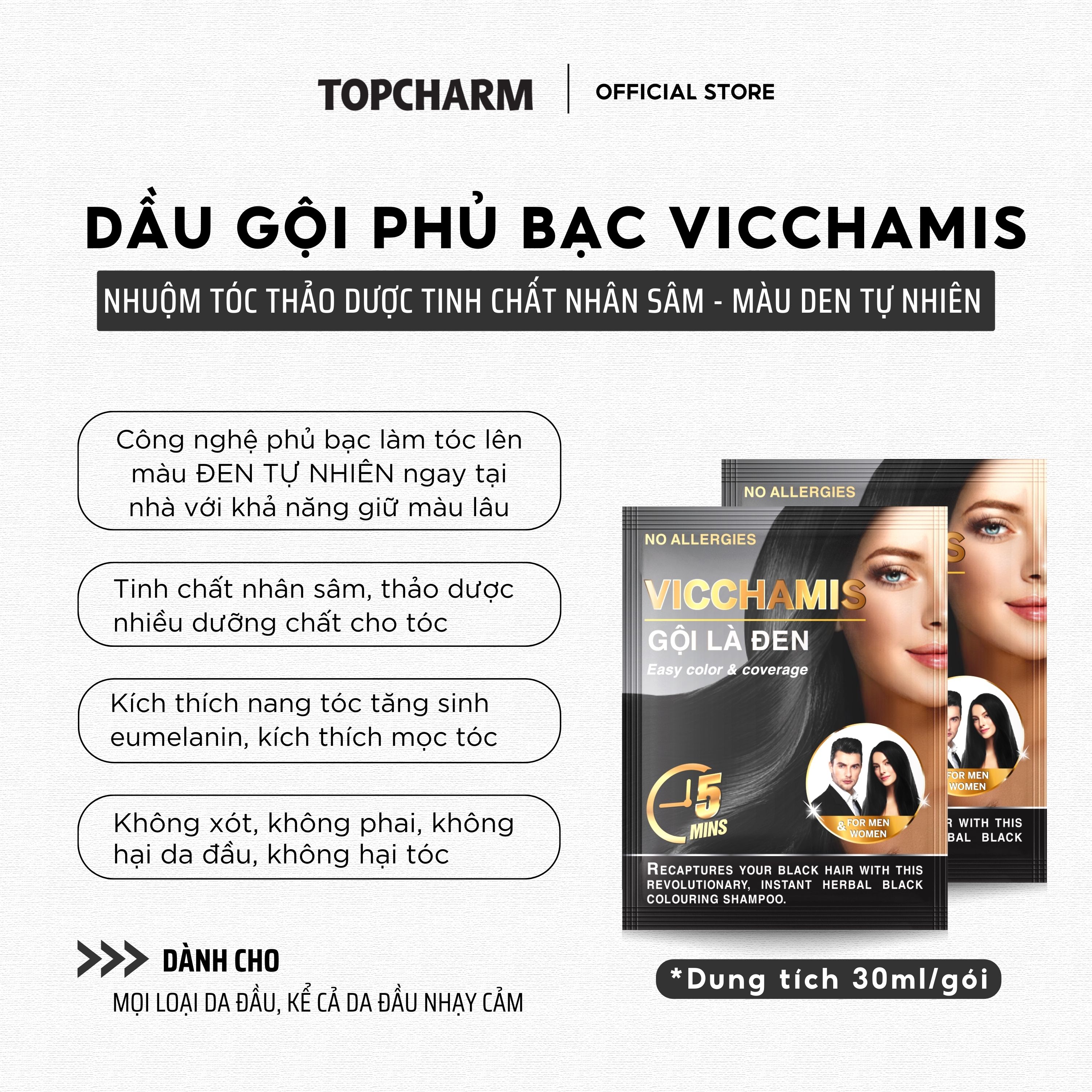 Dầu gội phủ tóc bạc giúp tóc đen tự nhiên, kích mọc tóc nhanh, giảm rụng tóc VICCHAMIS MSP002