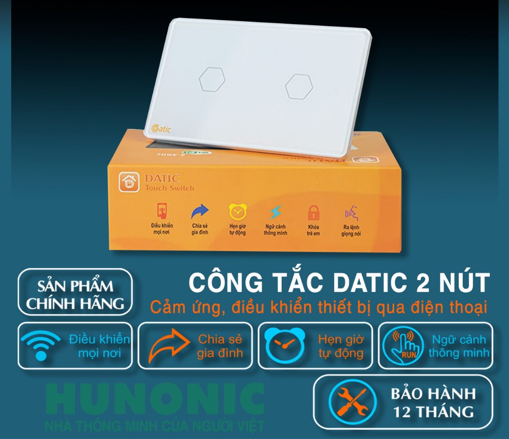 Công tắc thông minh HUNONIC DATIC 2 nút màu trắng - Điều khiển từ xa bằng điện thoại,Hàng Chính Hãng