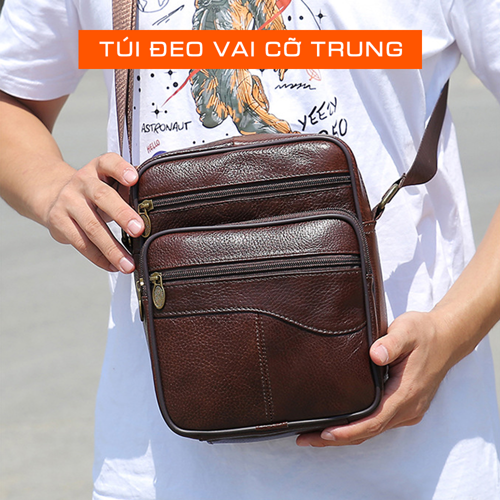 Túi đeo vai nam cỡ trung da bò thật HBM6