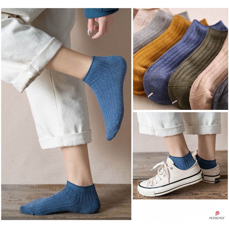 Combo 5 Tất vớ cổ ngắn len gân màu sắc vintage