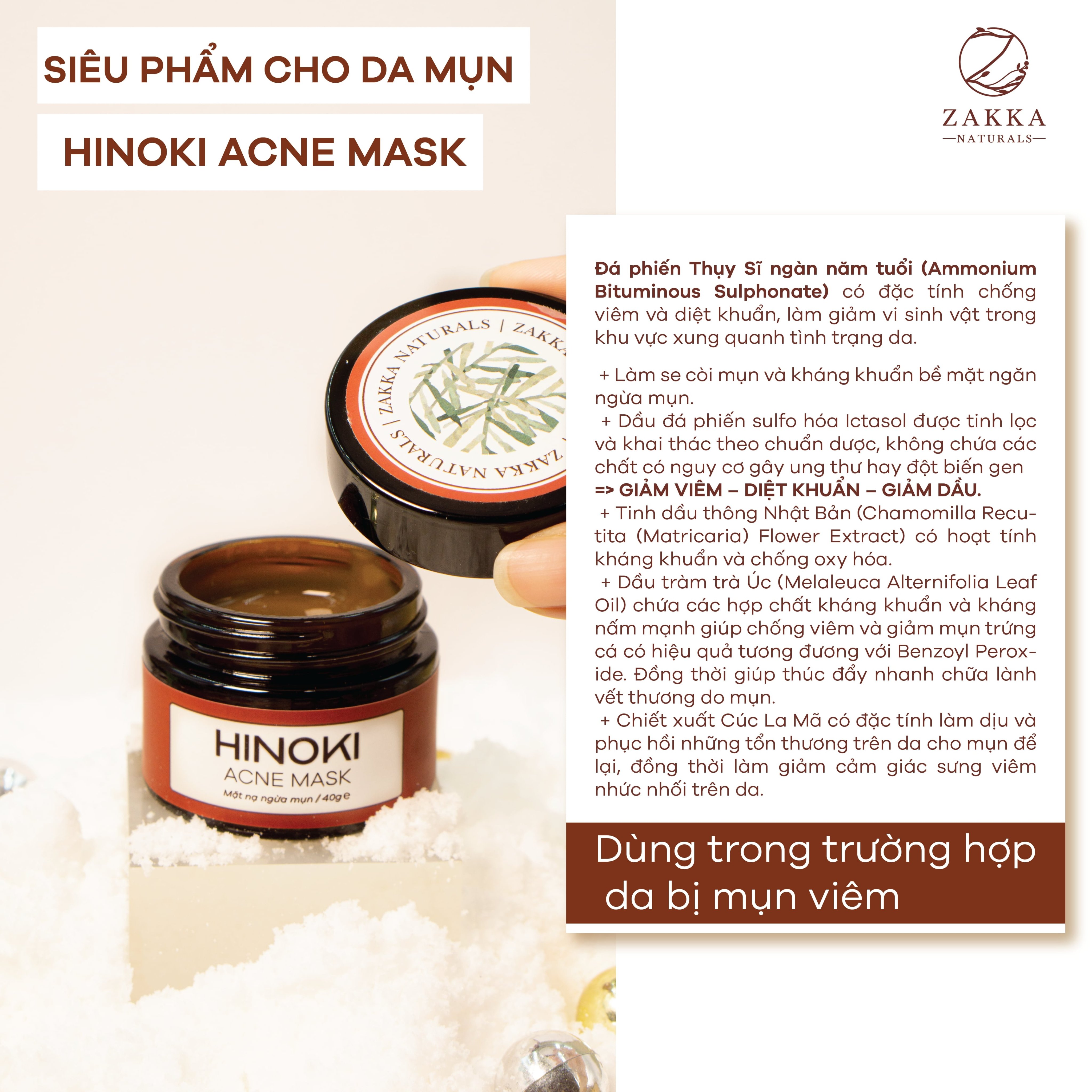 Mặt nạ giảm mụn, giảm sưng, gom cồi mụn và ngăn ngừa mụn Hinoki Acne Mask Zakka Naturals 40g