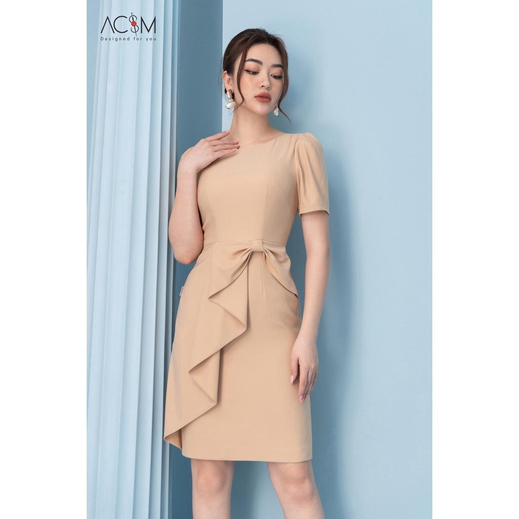 Đầm peplum nơ ly AC&amp;M cổ tròn chất liệu tuytsy nhật màu kem