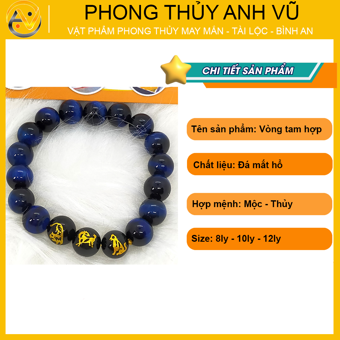 Vòng tam hợp dần ngọ tuất đã khai quang - chất liệu đá mắt hổ xanh dương tự nhiên - size 8 10 12ly cho nam nữ - may mắn tài lộc - Vòng Tam Hợp Anh Vũ