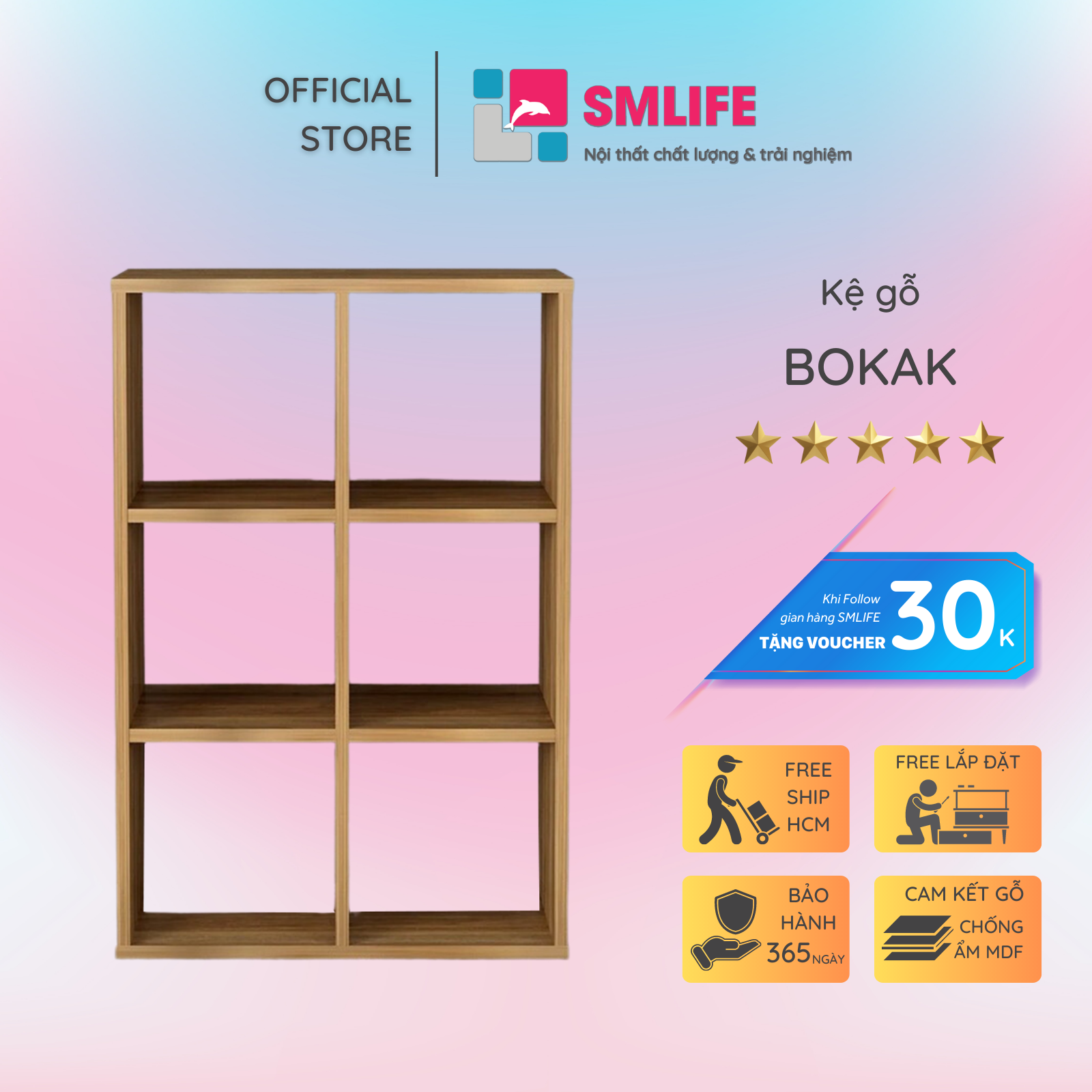 Kệ sách gỗ công nghiệp cấu trúc chắc chắn SMLIFE Bokak