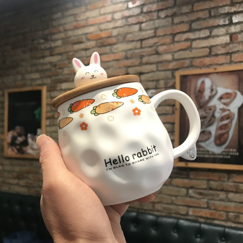 Ly gốm sứ Thỏ xinh kèm nắp gỗ và muỗng sứ siêu Cute