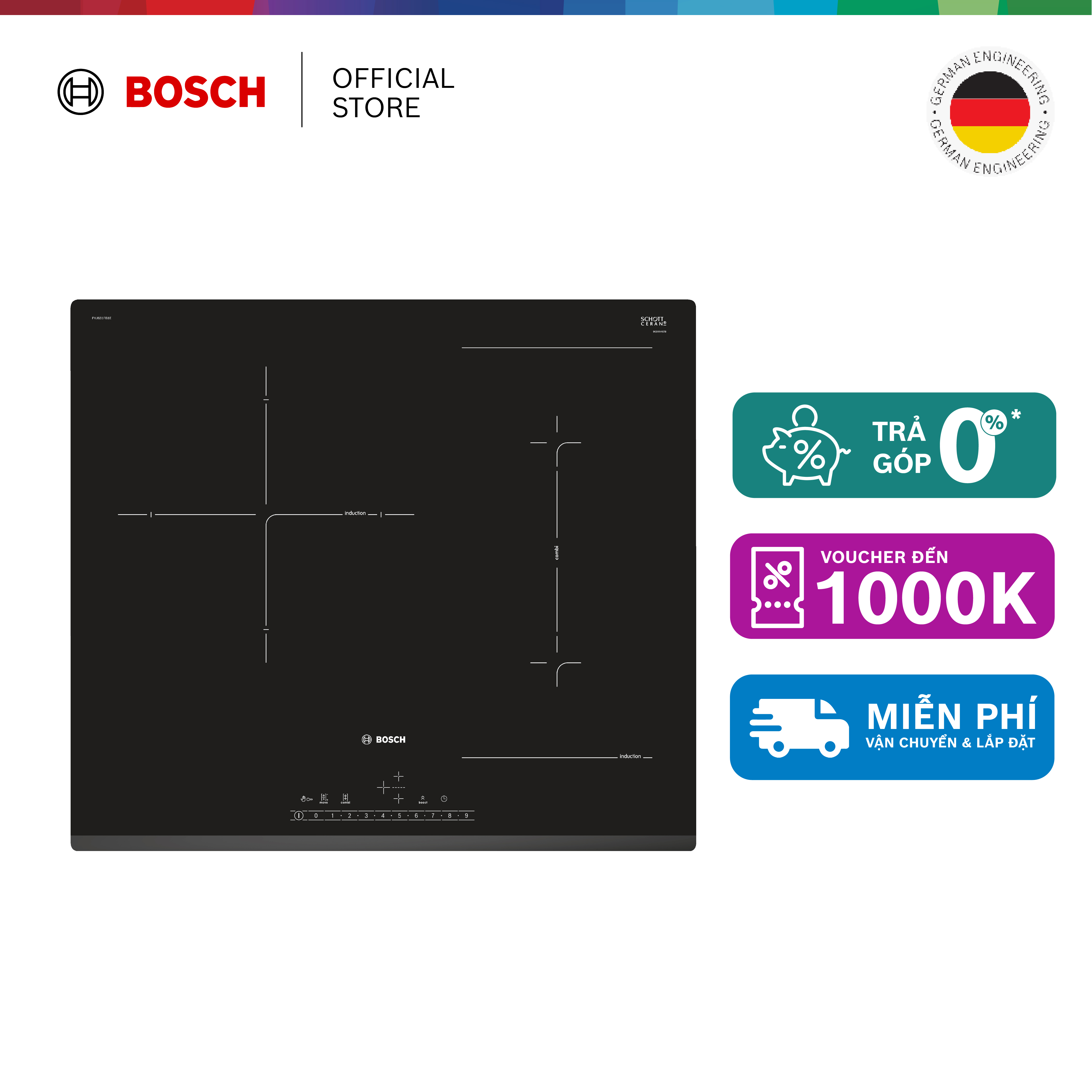 Bếp từ Bosch 3 vùng nấu PVJ631FB1E - Series 6 - Hàng chính hãng