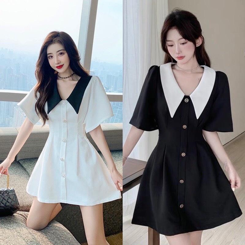 Váy Nữ Đầm Nữ Xòe Tiểu Thư Cổ V Bèo Tay Phồng Cài Nút Siêu Xinh Phù Hợp Mọi Phong Cách