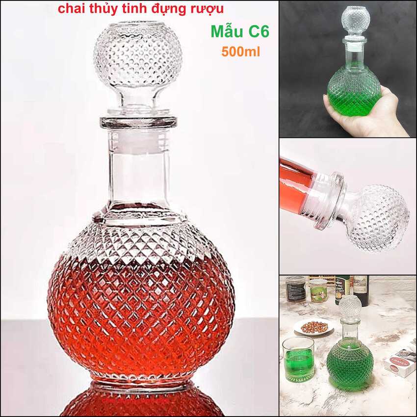 Chai Đựng Rượu Thủy Tinh cao cấp mẫu bầu tròn giác kim cương – Vỏ Chai Rượu Đẹp