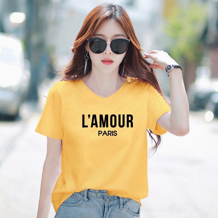 Áo thun nữ MXM form rộng cổ tim in chữ L'Amour cực xinh thun cotton 4 chiều từ 45-60kg