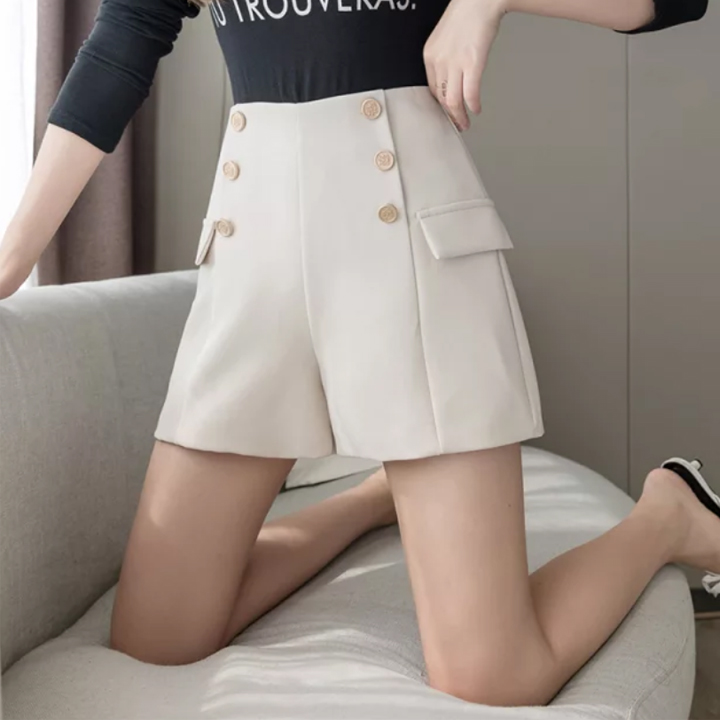 Quần short nữ, Quần sooc nữ, Lưng cao phối nút trẻ trung vải kaki thun co giãn, thoáng mát New Design