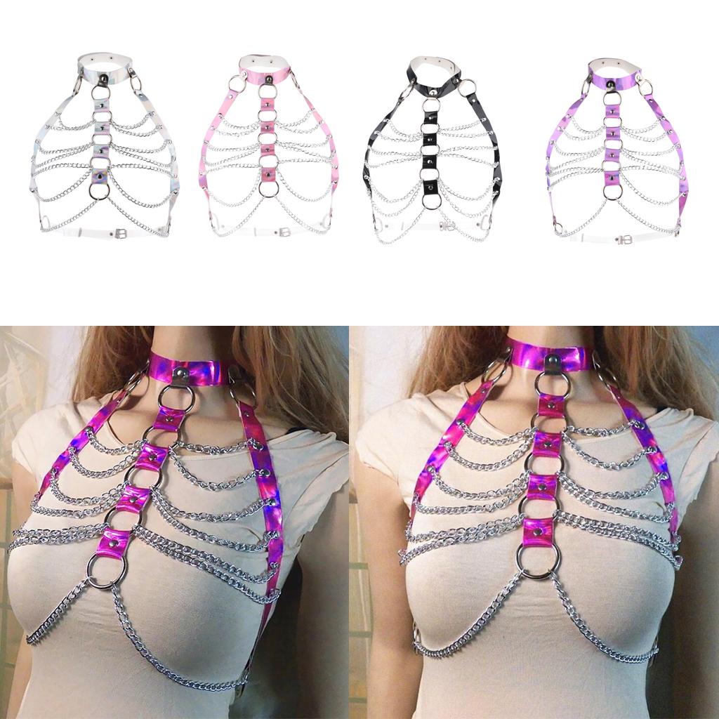 Women PU Leather Adjustable Body Chest Harness Belt Choker Necklace