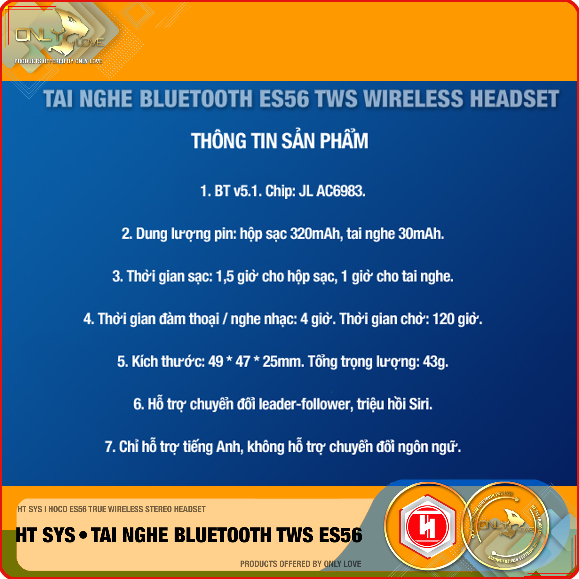 Tai Nghe Nhét Tai Bluetooth Không Dây HT SYS hoco ES56 - Kết nối Bluetooth 5.1 - Chip JL AC6983 -Pin Dock Sạc 320mAh - Thời gian sử dụng 4h - Cảm Ứng Thông Minh,Âm Thanh Stereo, Âm Bass Cực Chất - Phù Hợp Với Tất Cả Dòng Máy - [ Hàng Chính Hãng