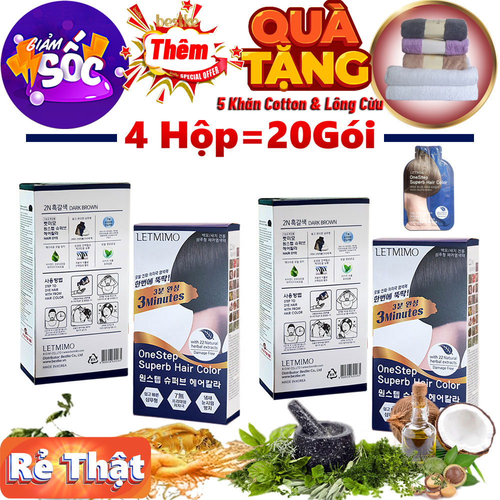 Bộ 4 Hộp = 20 gói màu nhuộm tóc thảo mộc Nâu Đen_2N LETMIMO + QUÀ TẶNG 2 khăn gội 83*33 & 3 khăn mặt bestke 48*28cm