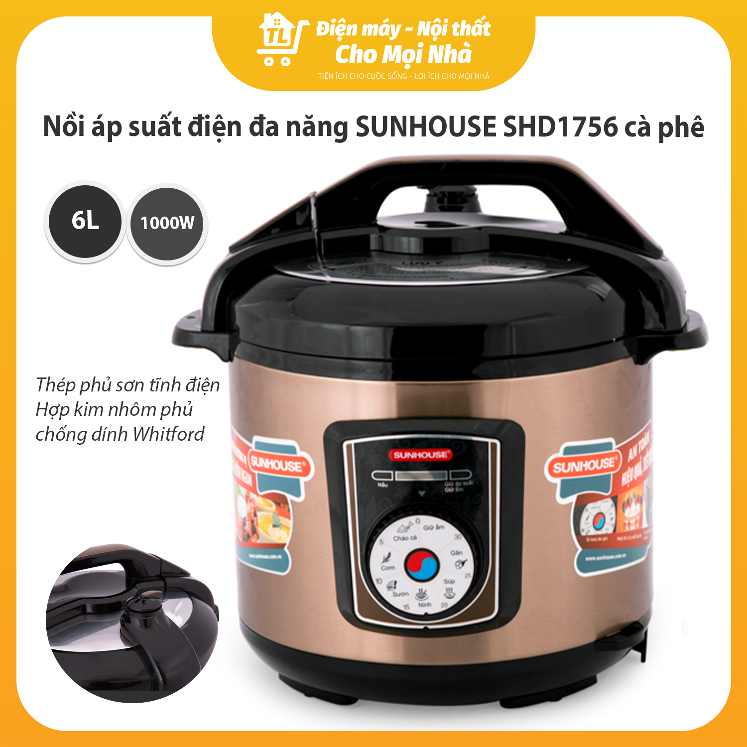 Nồi Áp Suất Điện Đa Năng Sunhouse SHD1756 - Cà Phê (6L) - Hàng chính hãng