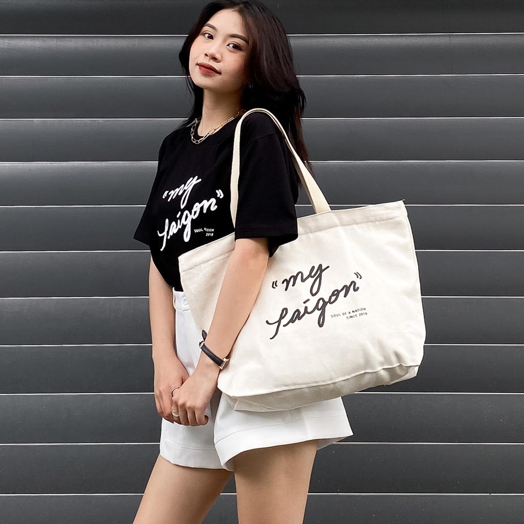 Túi Tote Vải Canvas Cao Cấp - Size lớn, Dây đeo không nhăn, Có khóa kéo, Ngăn phụ bên trong - My Saigon Ver 2