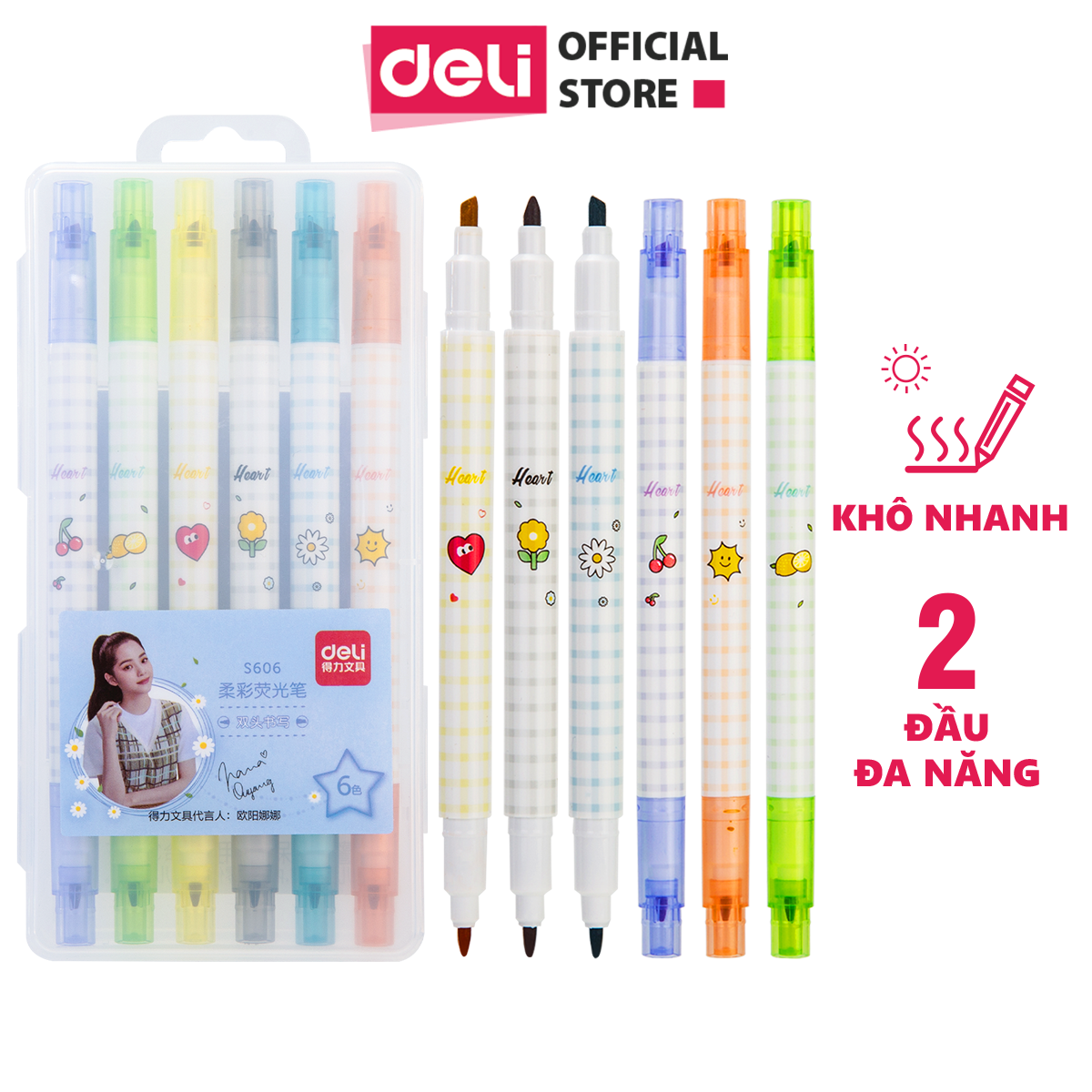 Set 6 Chiếc Bút Highlight Hai Đầu Bút Nhớ Dòng Đánh Dấu Dạ Quang Take Note Ghi Chú Deli -  Nét Trơn Mượt, Màu Tươi Sáng - S606 S740