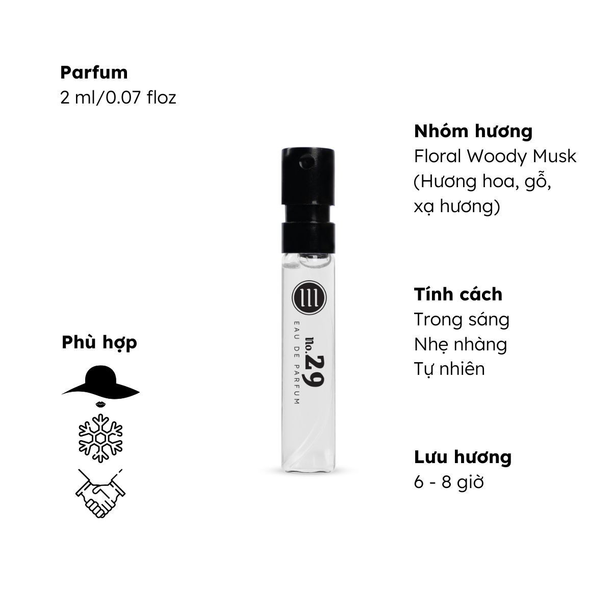 Nước hoa nữ Morra No.29 (Base 08) dạng xịt 2ml nguyên liệu nhập Pháp hương hoa, gỗ, xạ hương trong sáng, nhẹ nhàng, tự nhiên lưu hương thơm lâu