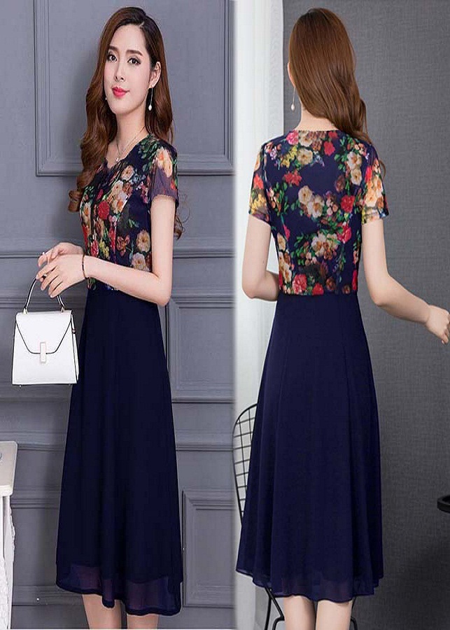 Đầm xòe chiffon in hoa 3D cổ phối ren cột nơ duyên dáng