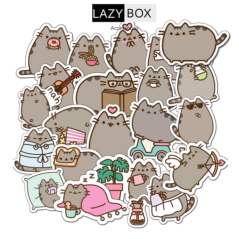 Bộ sticker mèo xám pusheen đáng yêu chống thấm nước trang trí mũ bảo hiểm, đàn, guitar, ukulele, điện thoại laptop