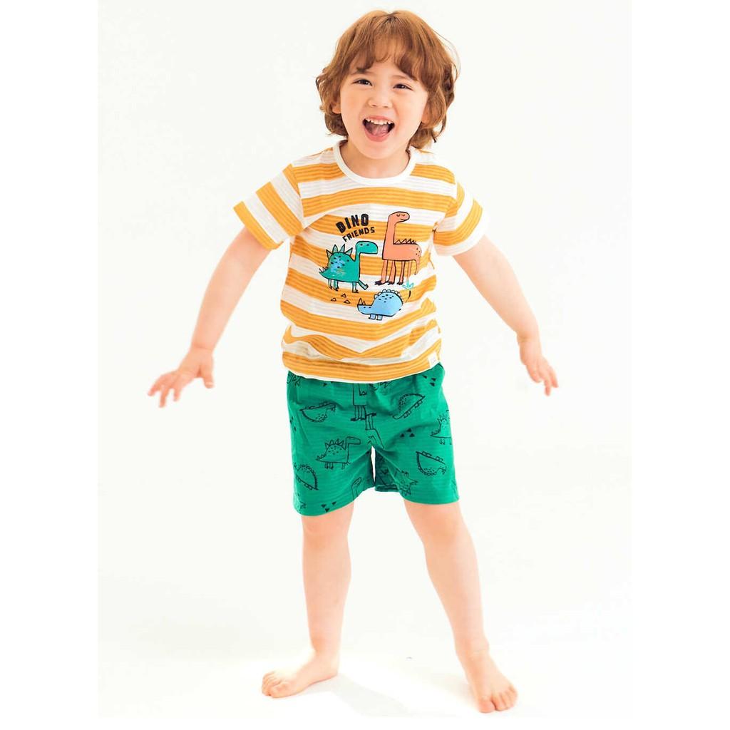 BỘ NGẮN CAO CẤP CHO BÉ NỘI ĐỊA HÀN, CHẤT COTTON GIẤY ORGANIC, MẪU KHỦNG LONG CAM